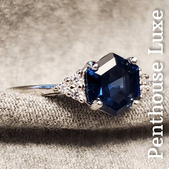 SOLID 925 Sterling Silver London Blue Topaz Hexagon White Topaz Ring - Picture 3 of 8